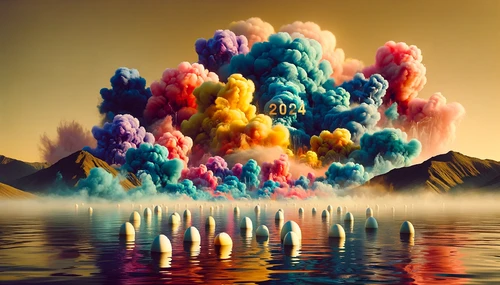 DALL·E 2024-01-04 10.02.53 - A landscape submerged in water with clouds of brightly colored blue, purple, pink, and yellow smoke hovering above, in the style of cinematic Ultra Pa 1000 x 571
