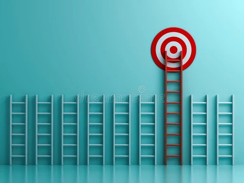 long-red-ladder-to-goal-target-business-concept-blue-pastel-color-background-shadows-d-rendering-128956325