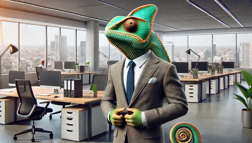 DALL·E 2025 03 26 12.08.24 - A photorealistic chameleon wearing a business suit, standing confidently in an office setting. The chameleon's head and body are in realistic proporti
