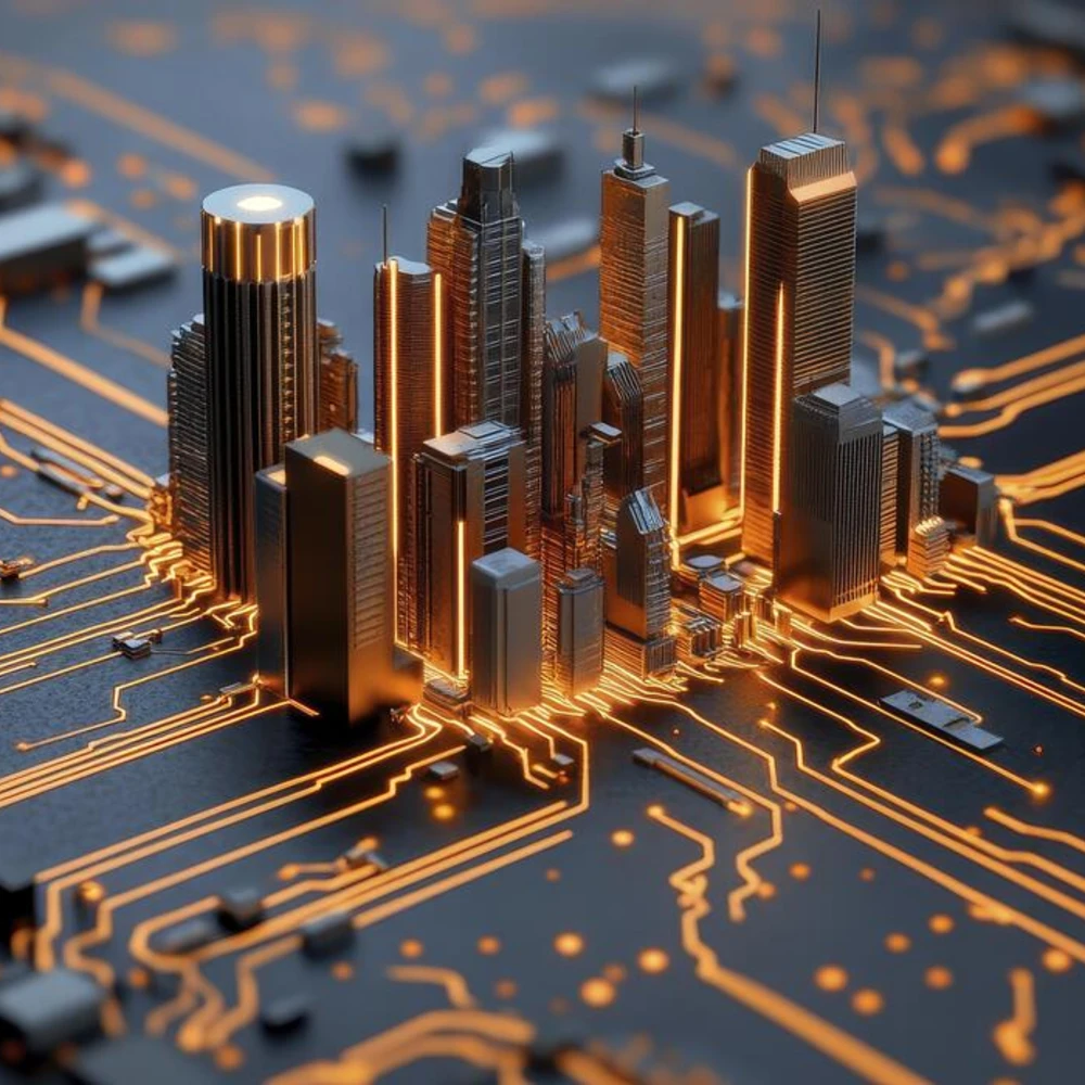 explore the intricate beauty of a digital city a miniature metropolis nestled upon a circuit board illuminated by glowing pathways of technology discover the fusion of urban architecture and photo