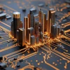 explore the intricate beauty of a digital city a miniature metropolis nestled upon a circuit board illuminated by glowing pathways of technology discover the fusion of urban architecture and photo