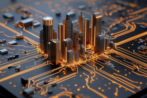 explore the intricate beauty of a digital city a miniature metropolis nestled upon a circuit board illuminated by glowing pathways of technology discover the fusion of urban architecture and photo