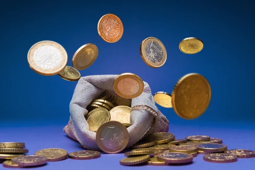 Open,Moneybag,With,Falling,Euro,Coins,Against,Blue,Background